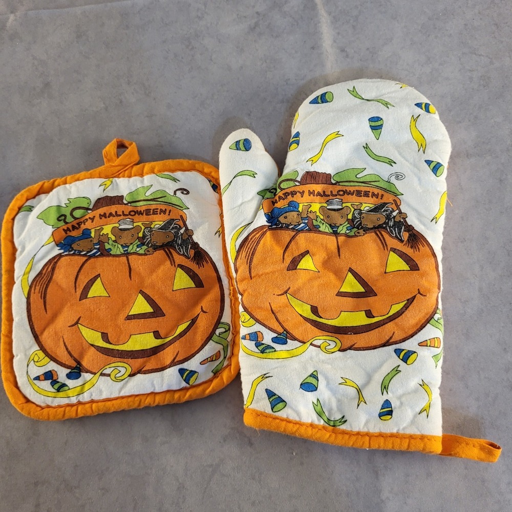 Happy Halloween Pumpkin Mice Jack O Lantern Oven Mitt Pot Holder Set